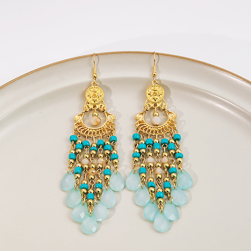 Bead Retro Ethnic Style Colorful Water Drop Tassel Hollow Earrings