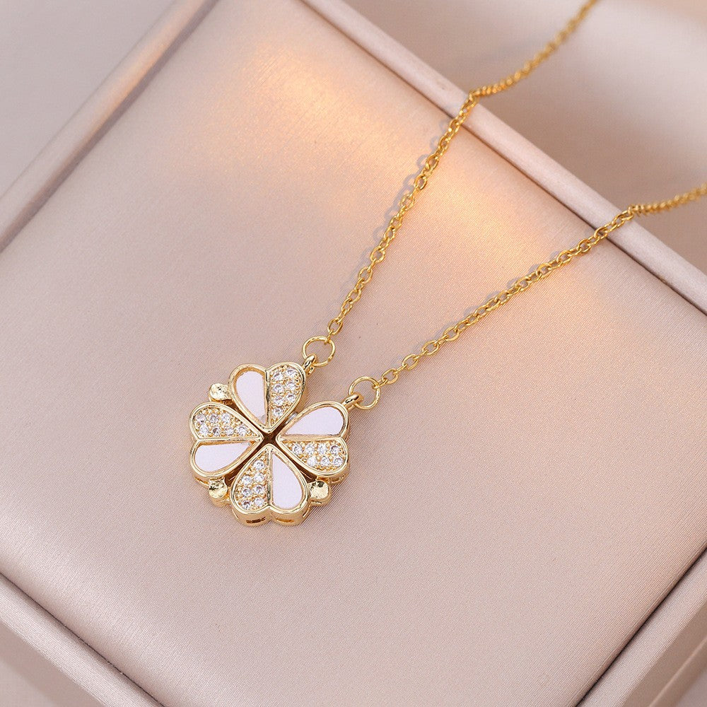 Women's Steel Cross Chain Open Close Four-leaf Flower Necklace