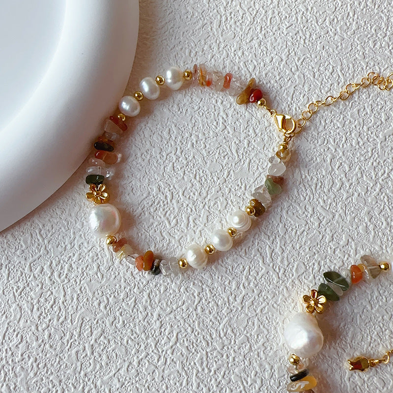 Artistic Oriental Style Natural Stone Pearl Small Flower Autumn Color Bracelet