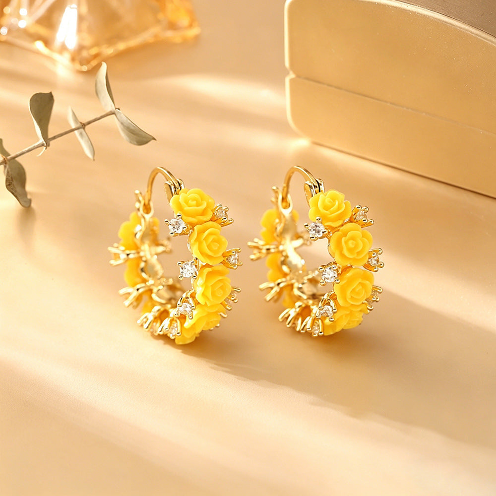 Gentle Pink Rose Flower Basket Ear Clip Design Earrings