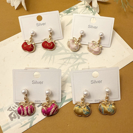 Style Song Dynasty Brocade Lucky Persimmon Sier Needle Ancient Auricular Earrings