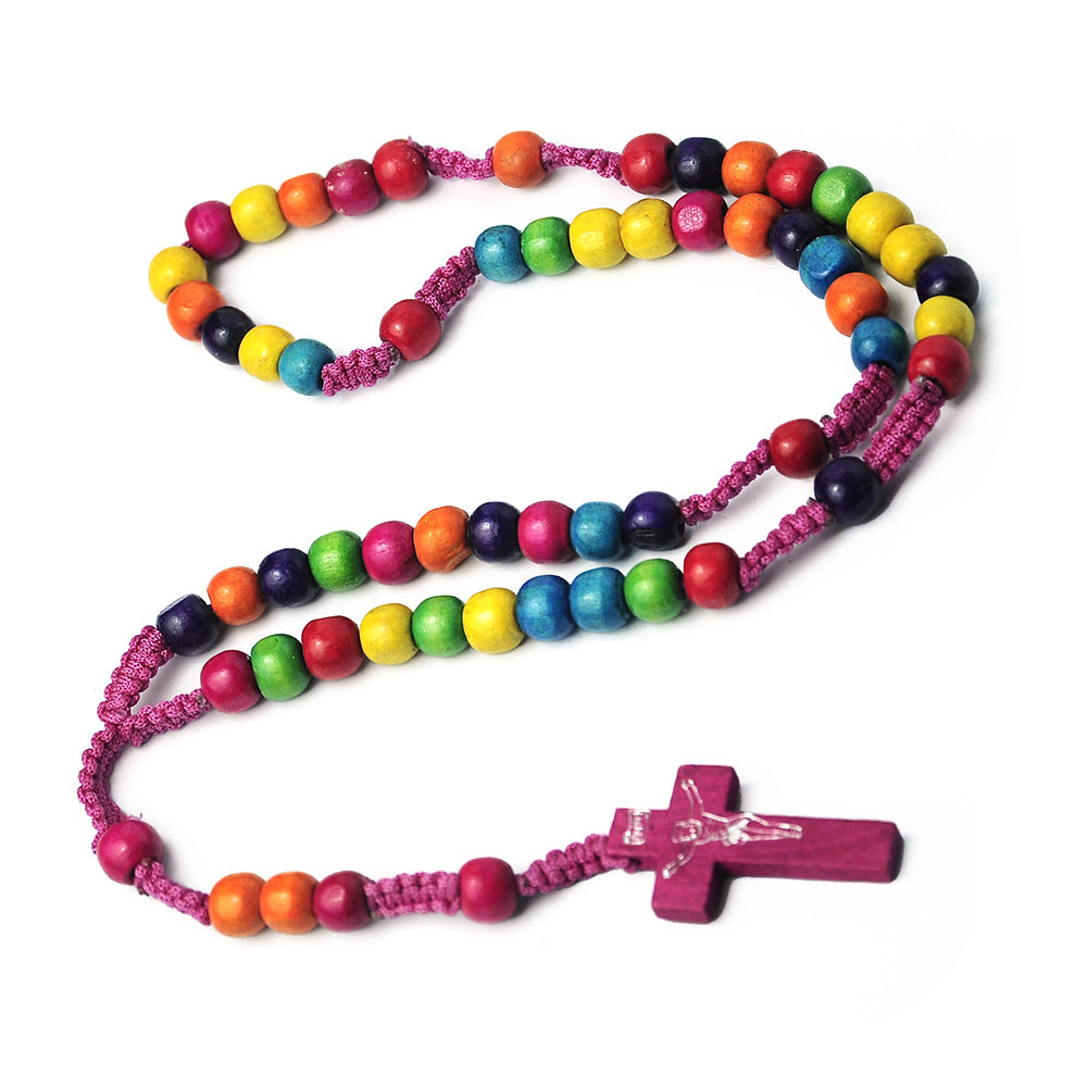 Colorful Wooden Bead Church Beads Cross Necklaces