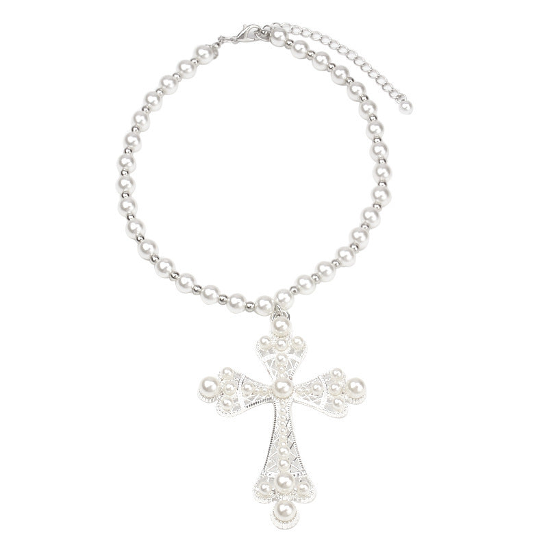 Hip Hop Cross Stitching Imitation Pearl Clavicle Necklaces