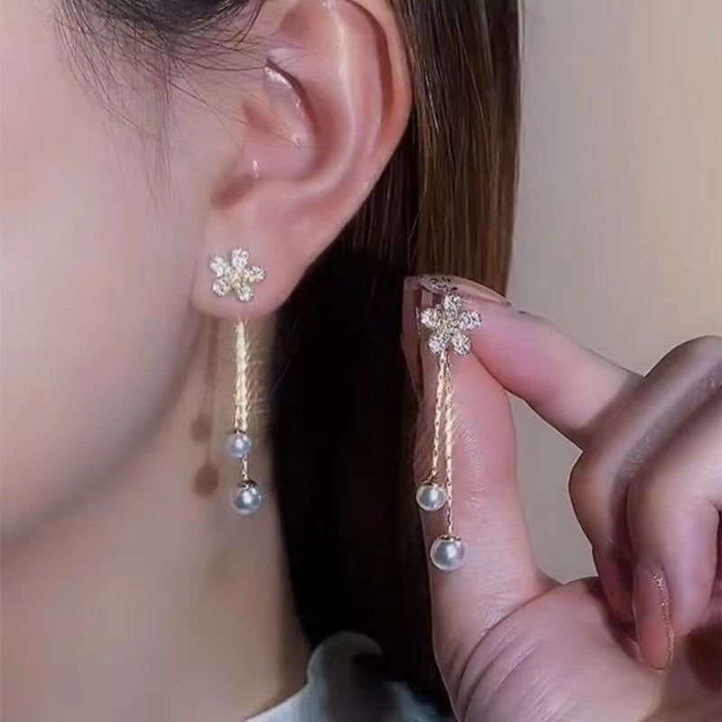 For Pearl Flower Inlaid Zircon Tassel Design Rings