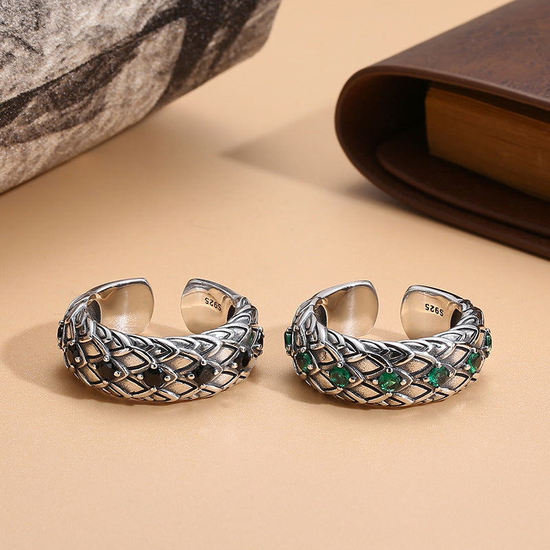 Inlaid Retro Opening Distressed Thai Sier Rings