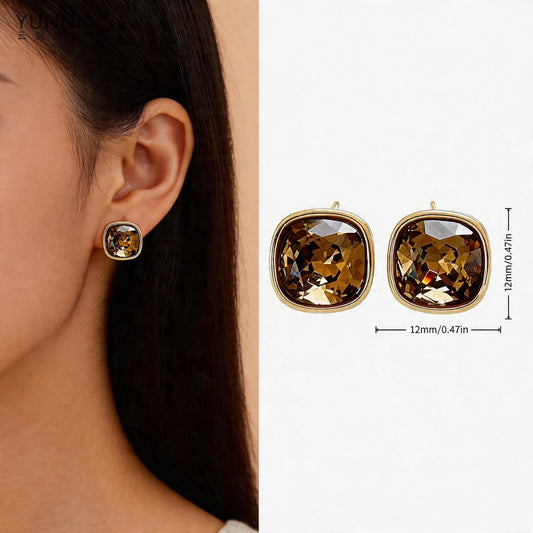 Stylish Exquisite Champagne Gold Zircon Square Simple Trendy Stud Earrings