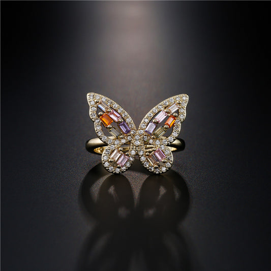 Fashion Personalized Color Square Zircon Butterfly Rings