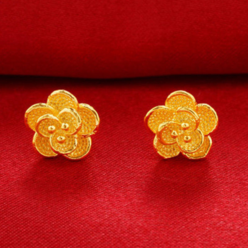 Brass Gold-plated Fancy Vietnam Placer Gold Rose Flower Hollow Fashion Stud Earrings