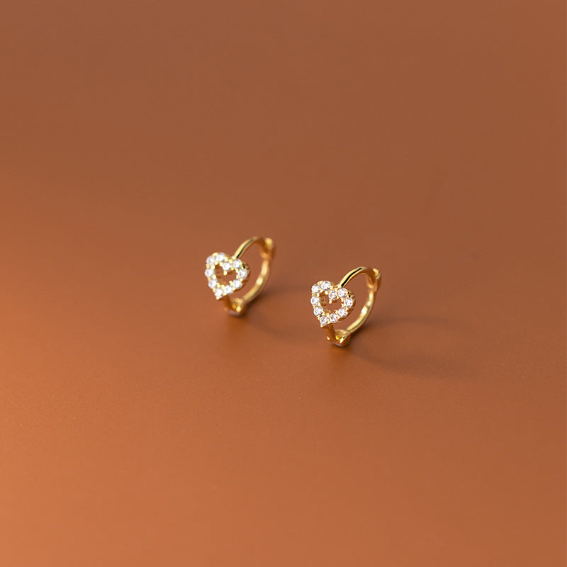 Sterling Sier Hollow Heart-shaped Sweet Simple Refined Rhinestone Earrings