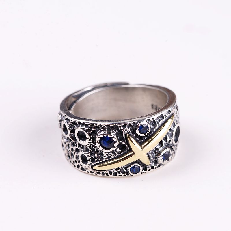 Cross Star Inlaid Blue Zirconium Open Starry Male Ring