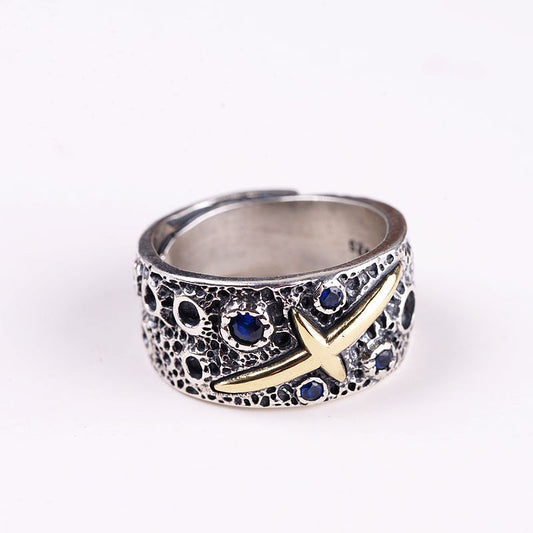 Cross Star Inlaid Blue Zirconium Open Starry Male Ring