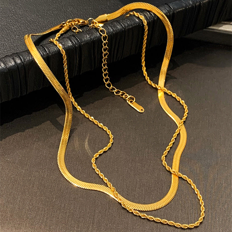 Women's Blade Chain Like Flat Snake Hemp Flowers Double Necklaces