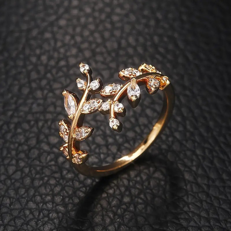 Women's & Men's Leaf Copper Inlaid Zircon Opening Adjustable Size Cold Wind Rings