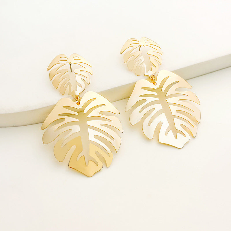 Sier Needle Vintage Metal Leaf Branches Hollow Ear Earrings