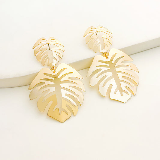 Sier Needle Vintage Metal Leaf Branches Hollow Ear Earrings