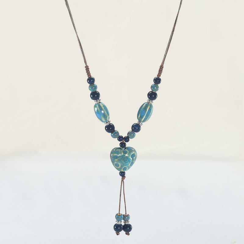 Women's Ethnic Style Love Sweater Chain Long Hand-woven Adjustable Peach Heart Necklace