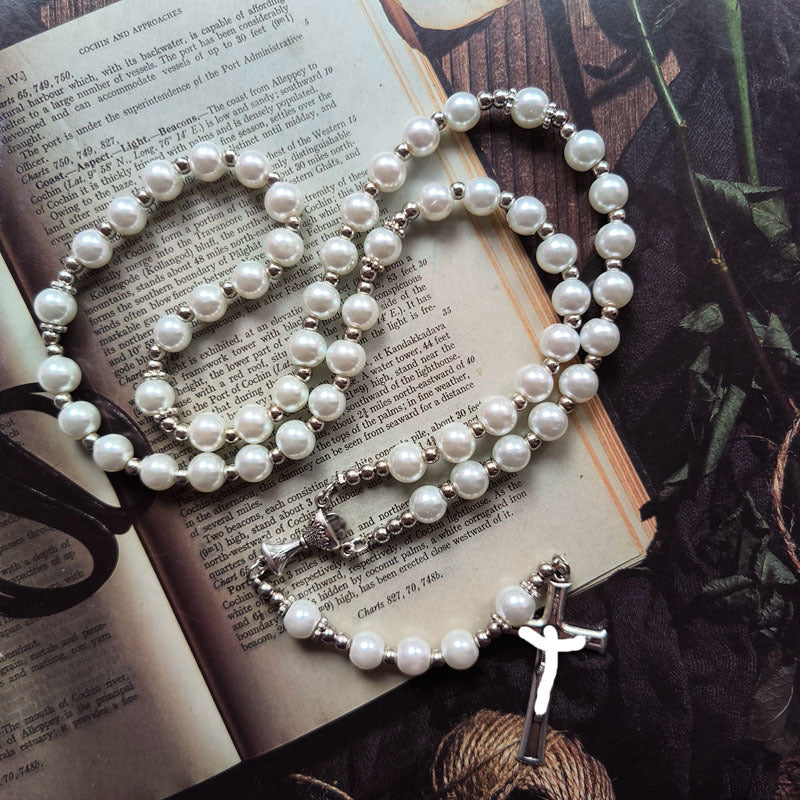Glass Pearl Handmade Beaded Cross Long Necklaces