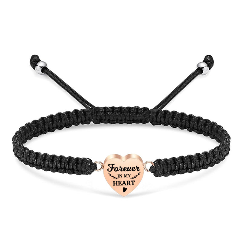 Heart-shaped Cinerary Casket Black Braided Rope Adjustable Stainless Steel Lettering Bracelet