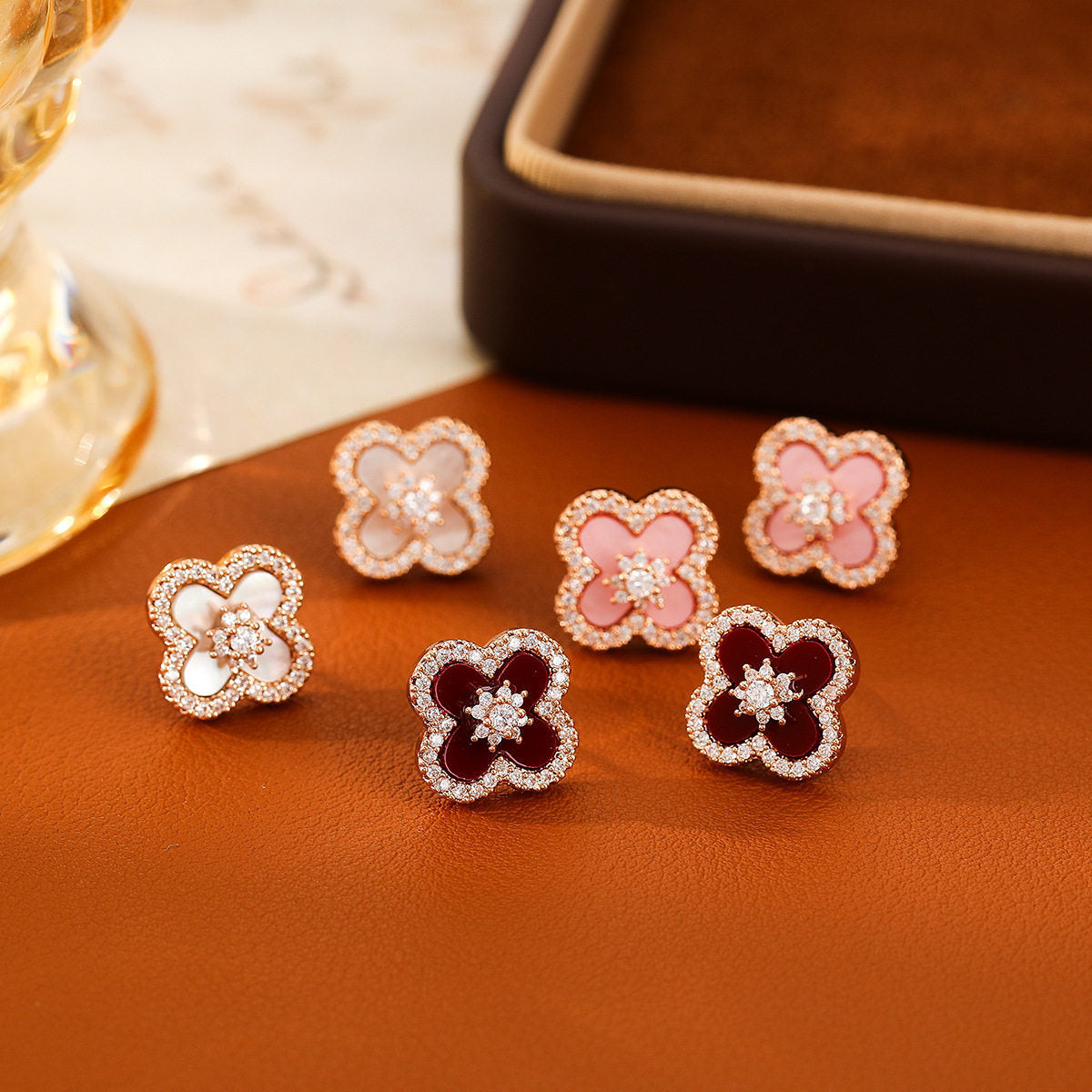 Women's Inlaid Zircon Lucky Four-leaf Flower Pink Imitation Fritillary Sier Light Stud Earrings