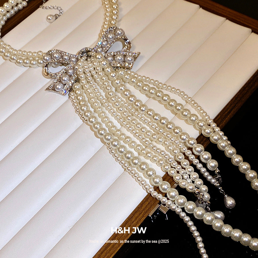 Women's Rhinestone Pearl Beaded Bow Tassel French Refined Grace Clavicle Chain Necklace