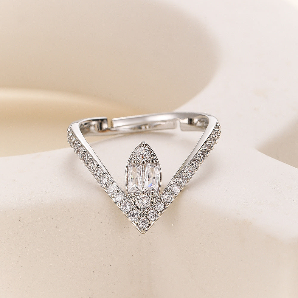 Women's V-shaped Loose Simple Hollow Gold Micro Inlaid Zircon Fashion Ring