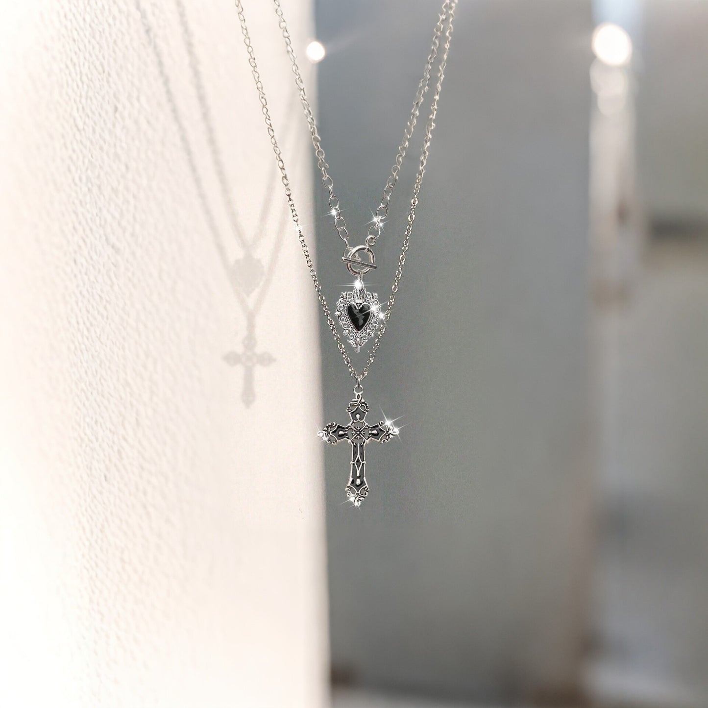 Women's Gothic Style Cross Heart Fashion Twin Clavicle Necklaces
