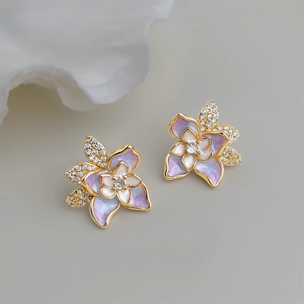Enamel Painted Hand Painting Design Three-dimensional Flower Camellia Stud Earrings