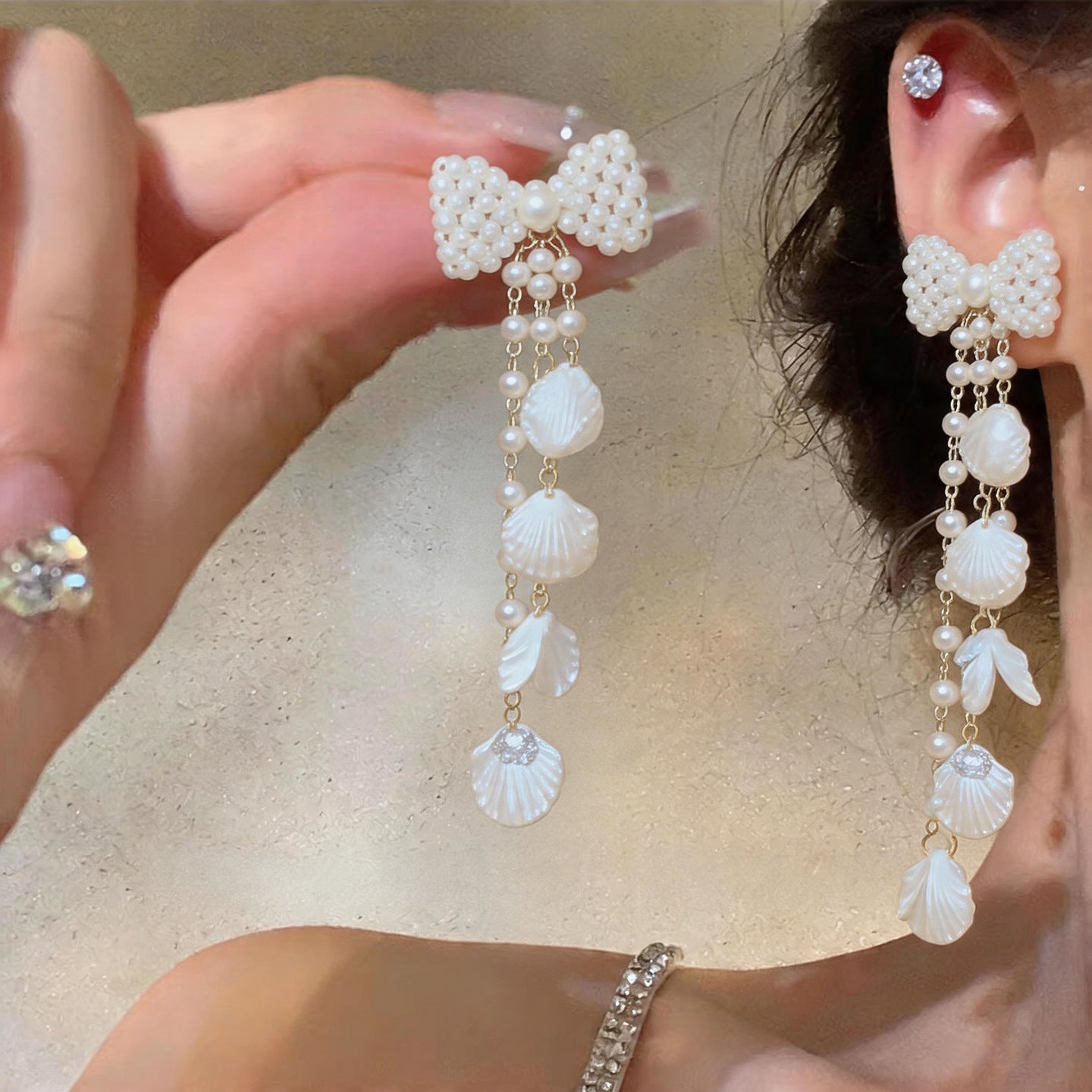 Needle Pearl Bow Zircon Petal Fringe Exaggerated Personalized Elegant Earrings