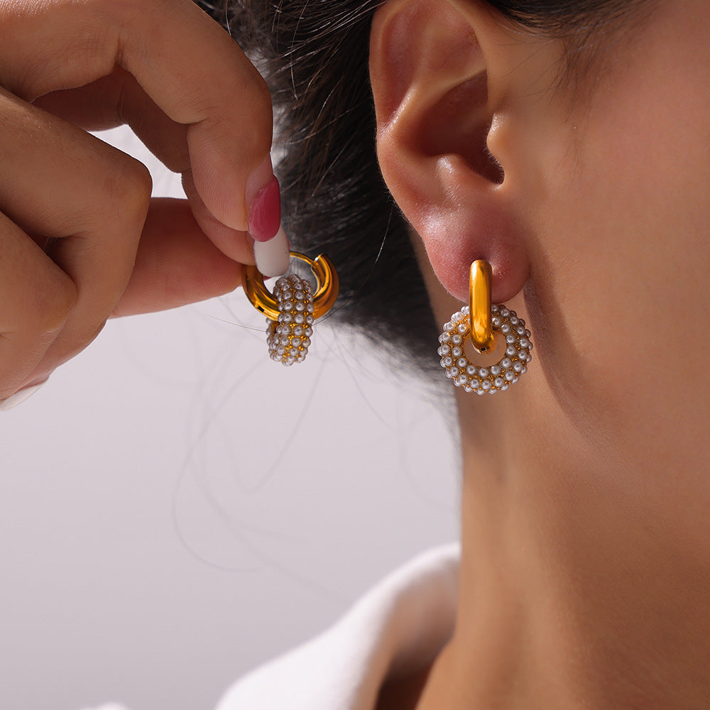 Women's French Retro Simple Gold Stainless Steel Full Diamond Earrings