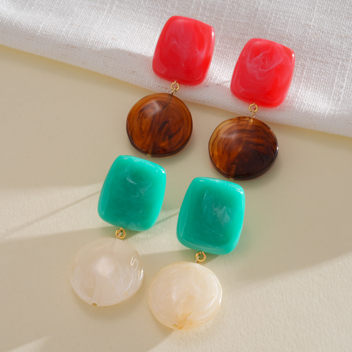 Retro Resin Square Round Sier Simple Earrings