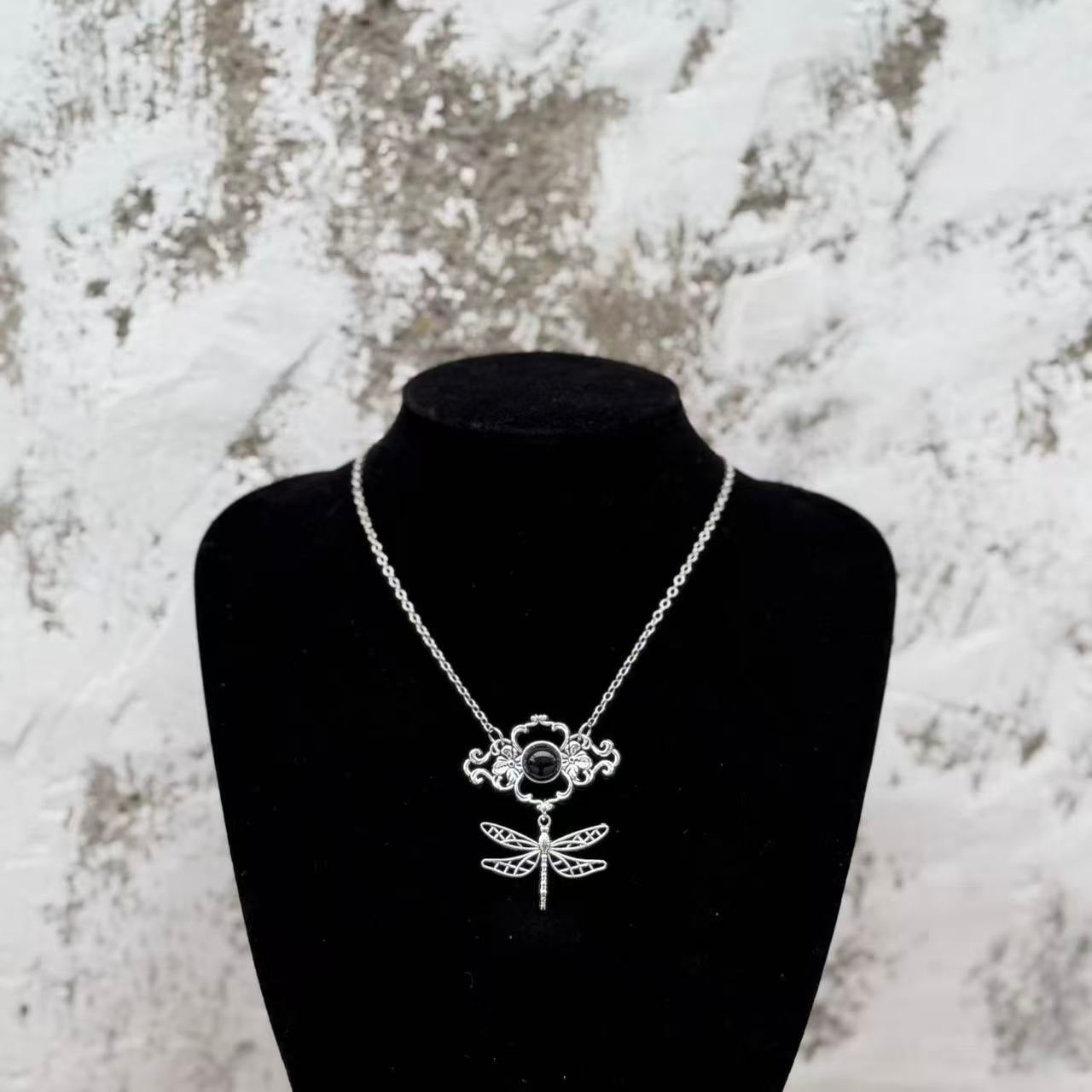 Vintage Pierced Black Gem Flower Butterfly Weird Necklace