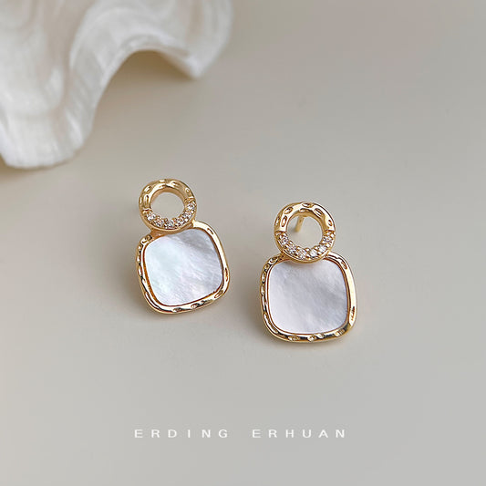 Zircon Sier Plated Needle Square Geometric Hollow Shell High Sense Stud Earrings