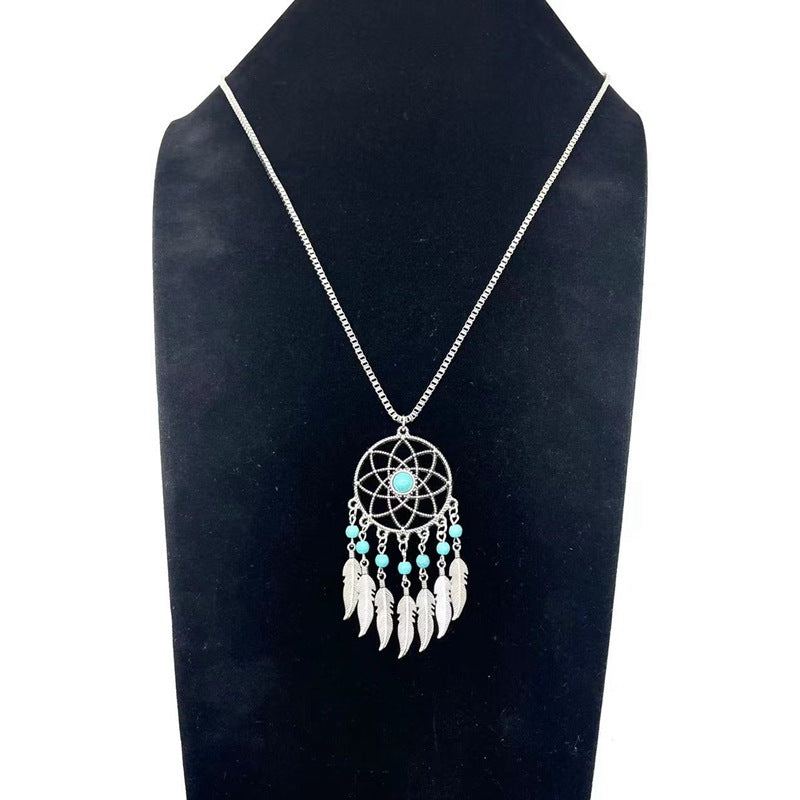 Fashion Turquoise Round Beads Alloy Feather Necklaces