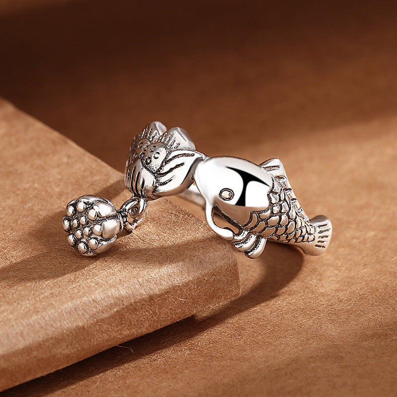 Vintage Thai Sier Lotus Koi Female Personality Carp Ring