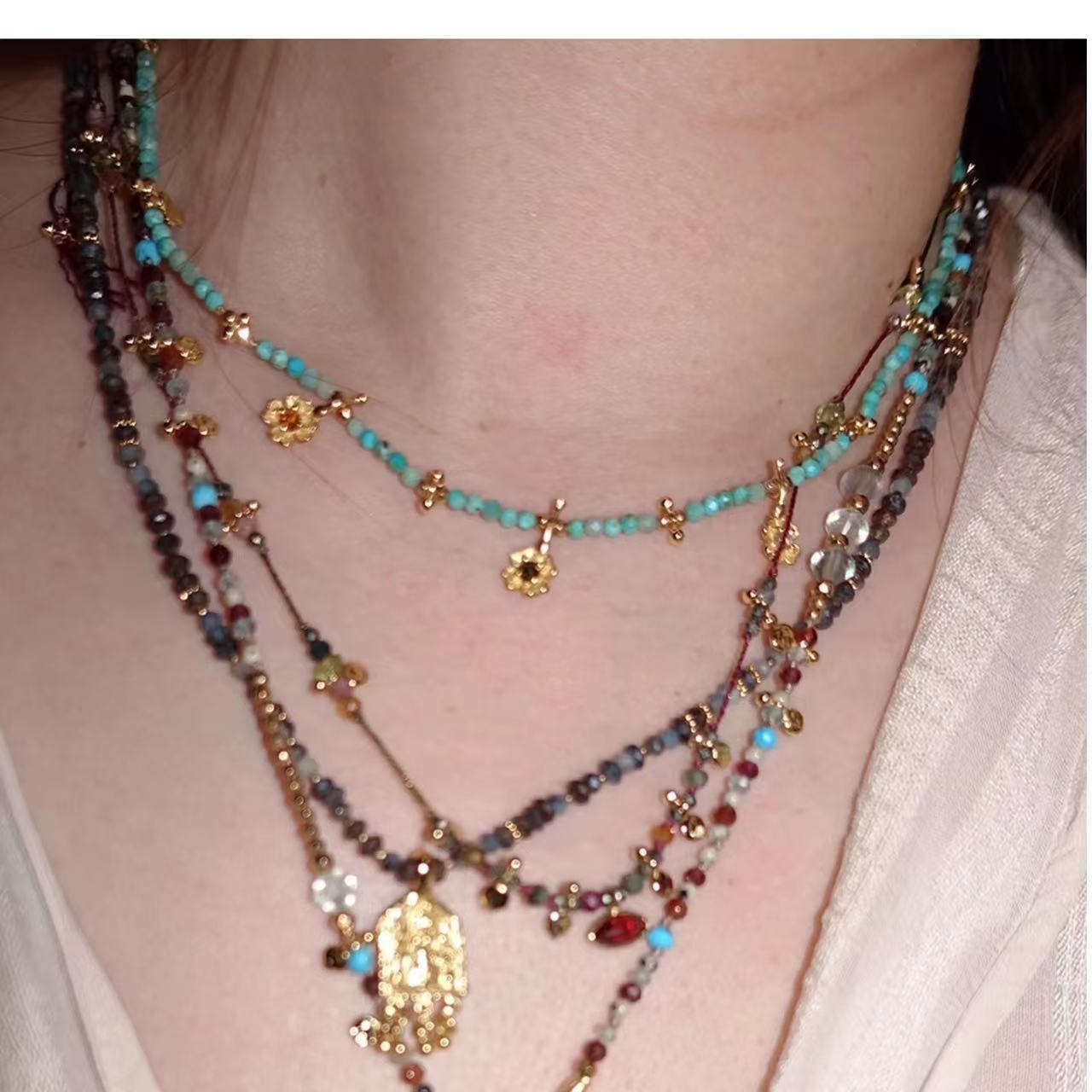 Women's Flower Colorful Natural Stone Tigereye Beaded Necklace