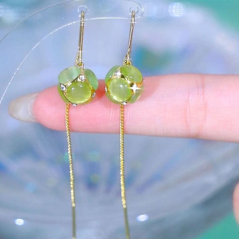 Green Opal Ball Tassel Temperament Long Rings