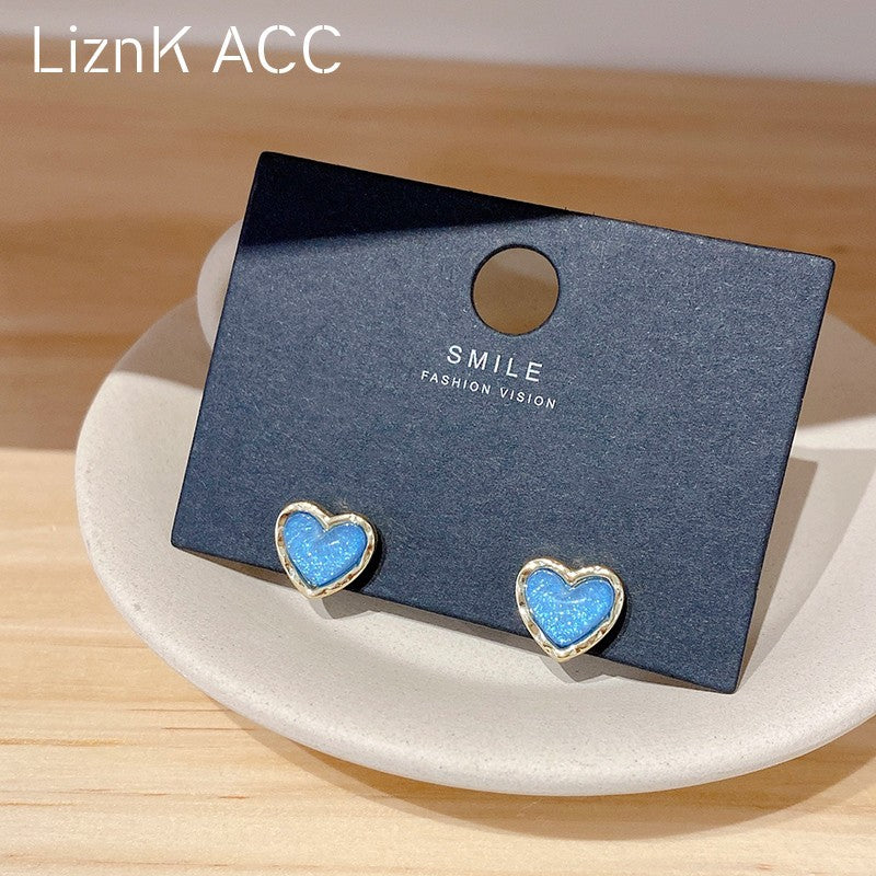 Women's Sier Needle Blue Loving Heart Small Simple Cold Style High Earrings