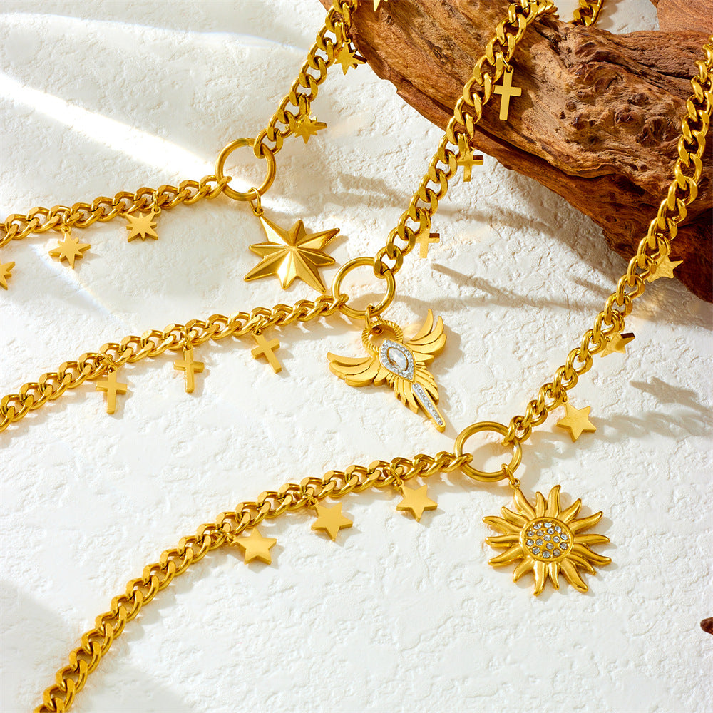 Gold Plated Sun Cross Goddess Eight Awn Star Curb Stainless Necklaces