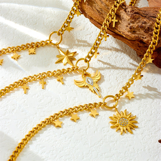 Gold Plated Sun Cross Goddess Eight Awn Star Curb Stainless Necklaces