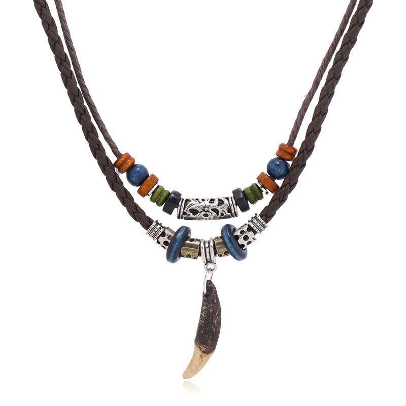 Men's Leather Personalized Retro Double Layer Wolf Tooth Necklace