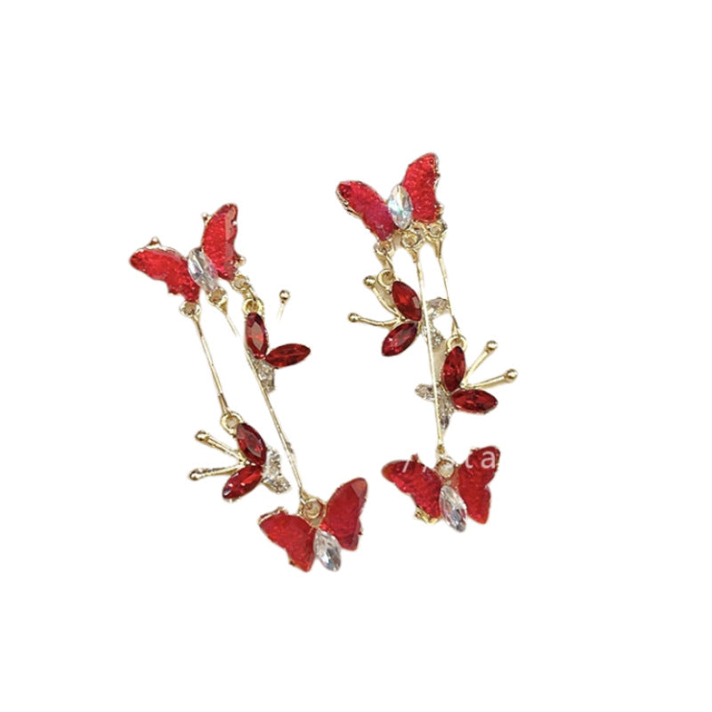 Color Butterfly Female Niche Design Tassel Red High-grade Light Stud Earrings