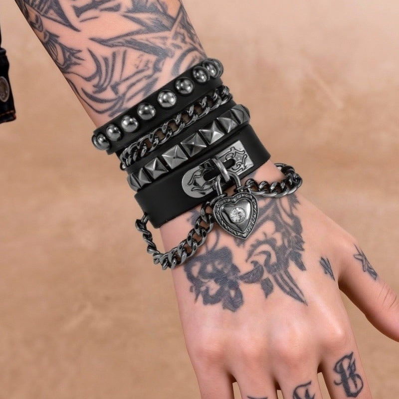 Punk Heart-shaped Lock Chain Combination Rivet Gothic Bracelet