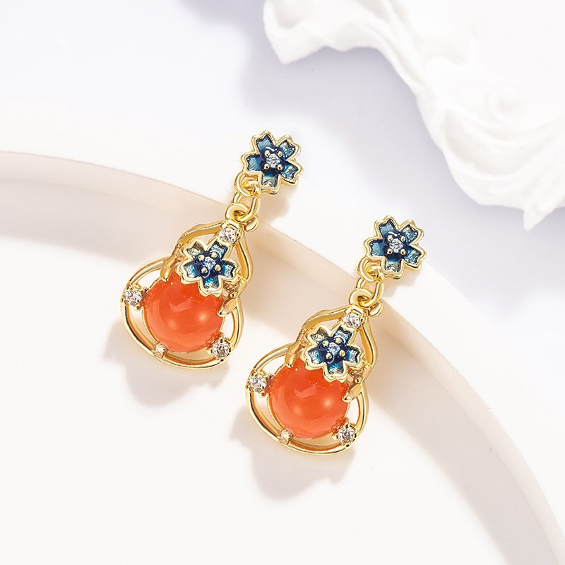 National Imitation Red Agate Gourd Female High Stud Earrings