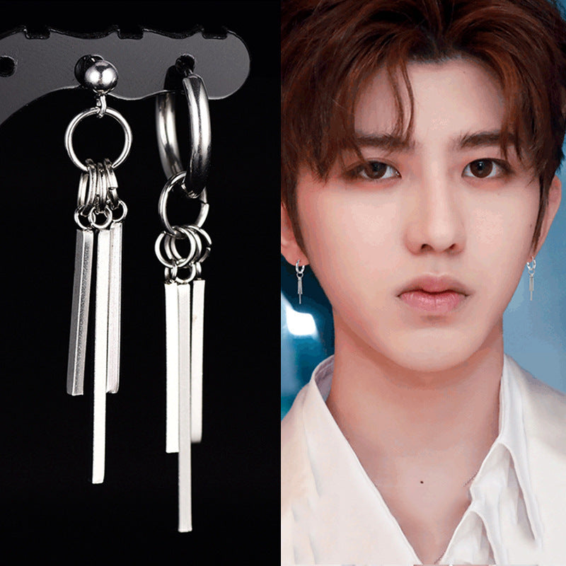 Men's Hip Hop Clip Punk Eardrops Female Three Straight Stick Square Rings