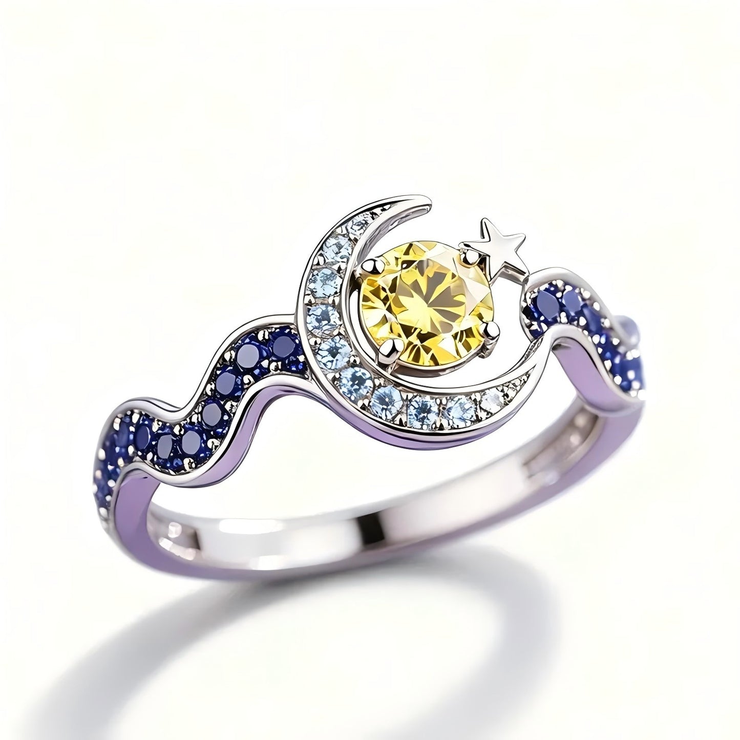 Inlaid Zircon Crescent Tooth Star Moon Creative Water Wave Yellow Ring