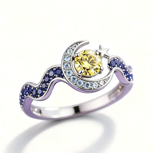 Inlaid Zircon Crescent Tooth Star Moon Creative Water Wave Yellow Ring
