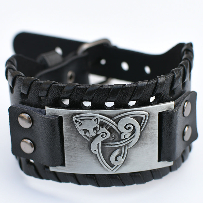 Men's Retro Viking Totem Leather Wolf Head Bear Claw Gossip Lucky Bracelet
