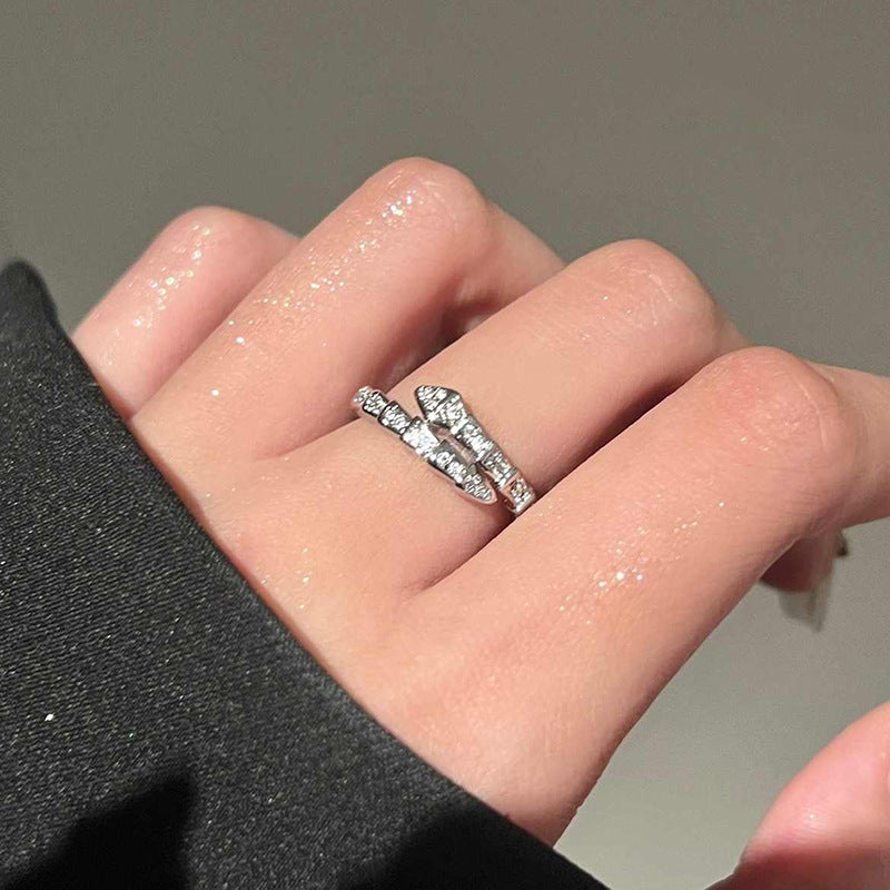 Women's Shining Diamond Snake-shaped Sier Open Advanced Texture Simple Trendy Cool Ring