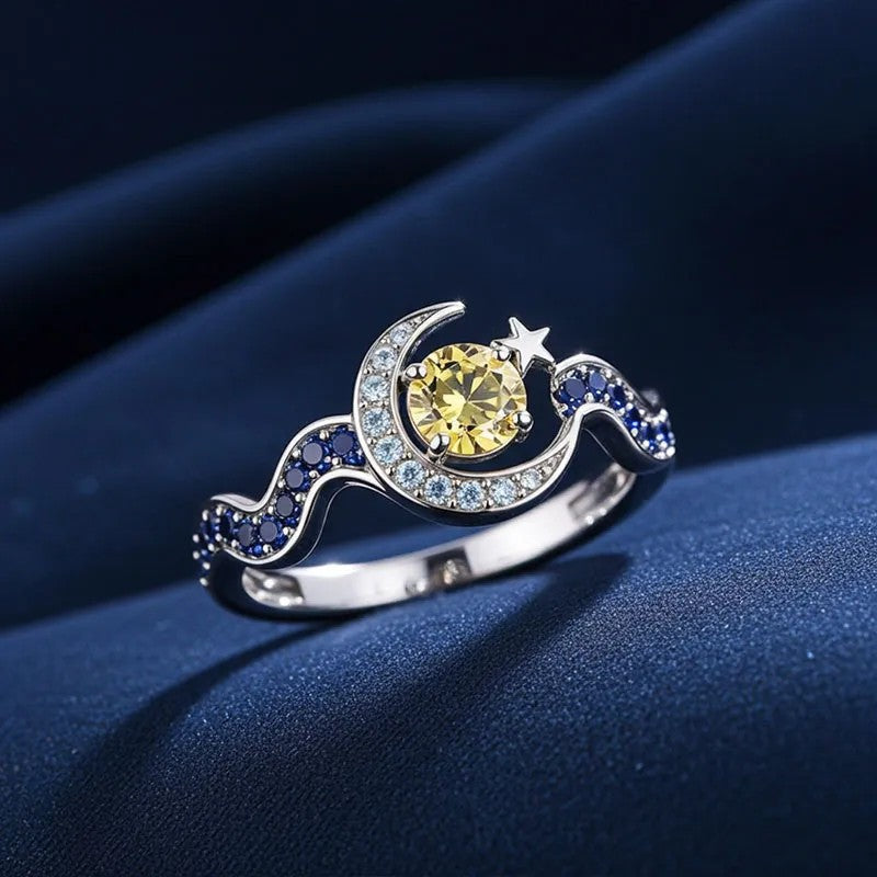 Inlaid Zircon Crescent Tooth Star Moon Creative Water Wave Yellow Ring