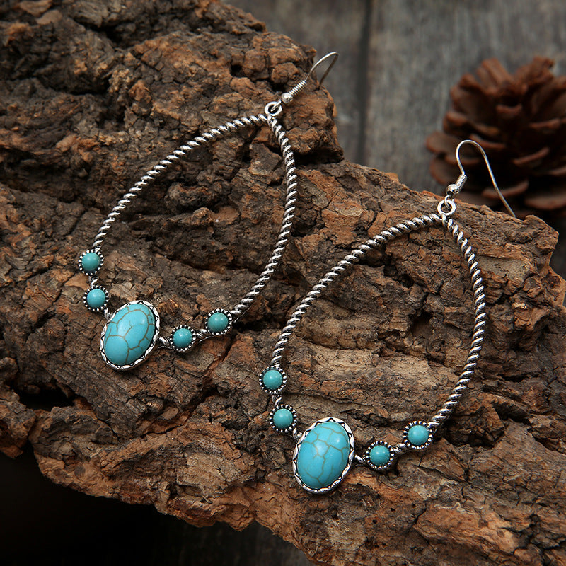 Retro Exaggerated Water Drop Turquoise Inlaid Earrings